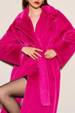 belted faux fur coat winter long trench overcoat for women in fuchsia Alicefurs