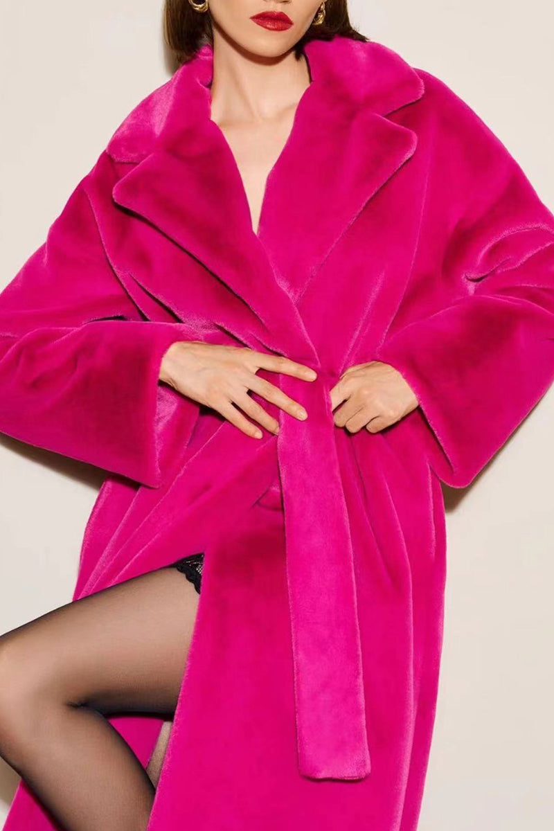 Belted Faux Fur Coat Winter Long Trench Overcoat for Women