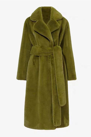belted faux fur coat winter long trench overcoat for women in olive green Alicefurs