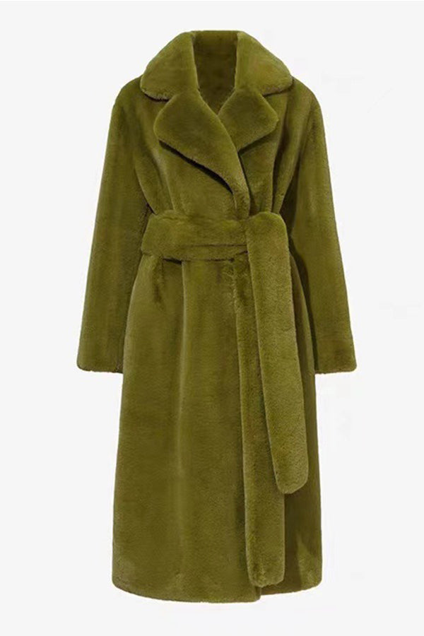 Belted Faux Fur Coat Winter Long Trench Overcoat for Women