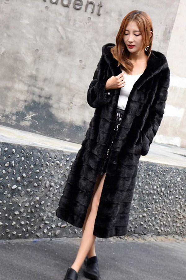Black Fake Fur Coat Hooded Long Tiered Overcoat for Women