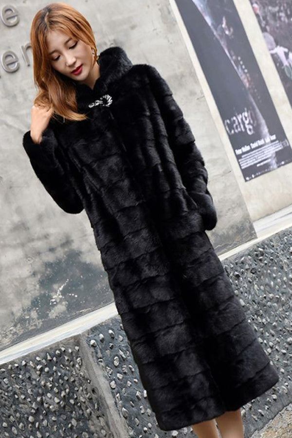 Black Fake Fur Coat Hooded Long Tiered Overcoat for Women