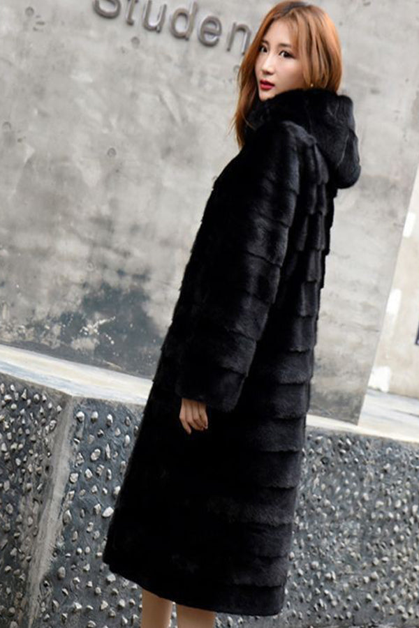 Black Fake Fur Coat Hooded Long Tiered Overcoat for Women