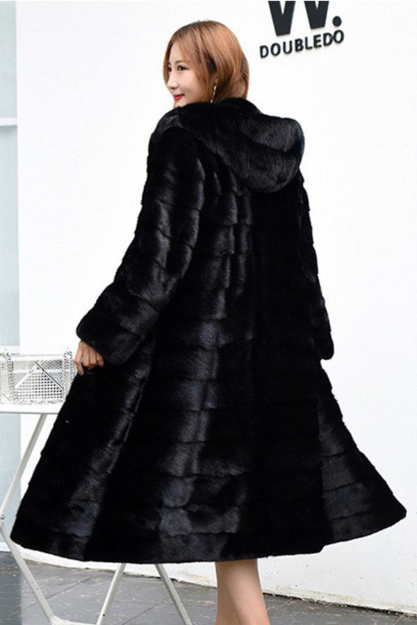 Black Fake Fur Coat Hooded Long Tiered Overcoat for Women