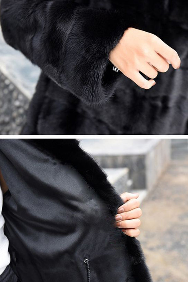 Black Fake Fur Coat Hooded Long Tiered Overcoat for Women