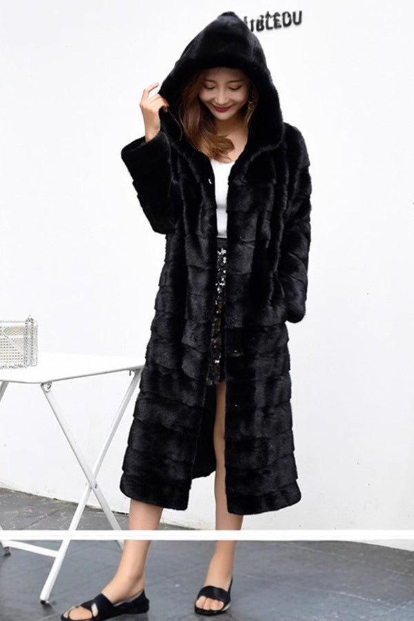 Black Fake Fur Coat Hooded Long Tiered Overcoat for Women