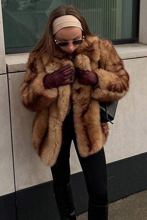 Brown Faux Fur Coat Lapel Collar Short Fluffy Jacket for Women