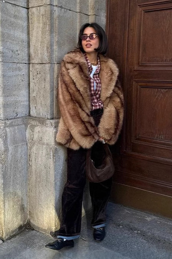Brown Faux Fur Coat Lapel Collar Short Fluffy Jacket for Women