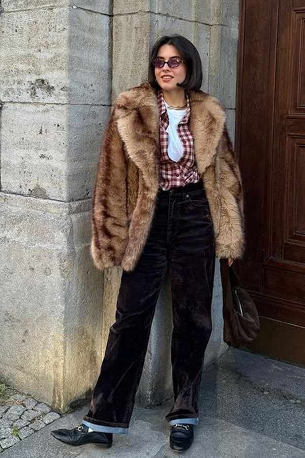 Brown Faux Fur Coat Lapel Collar Short Fluffy Jacket for Women