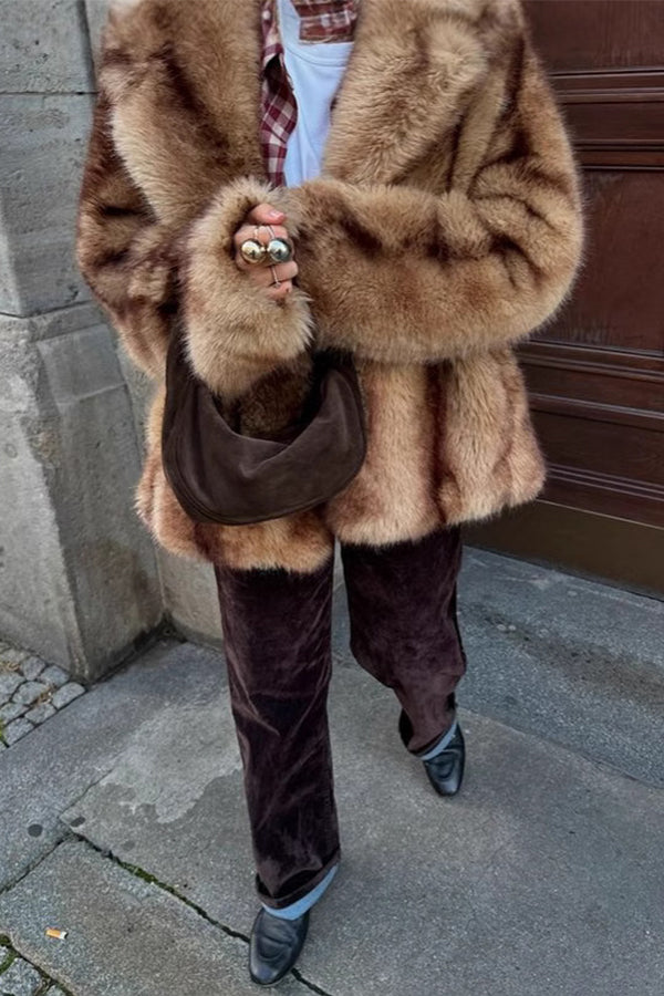 Brown Faux Fur Coat Lapel Collar Short Fluffy Jacket for Women