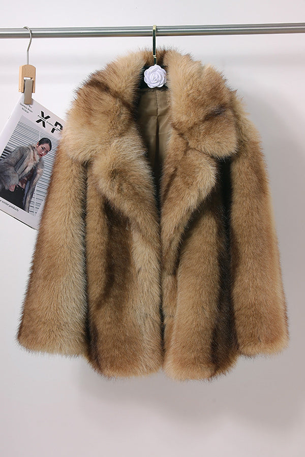 Brown Faux Fur Coat Lapel Collar Short Fluffy Jacket for Women