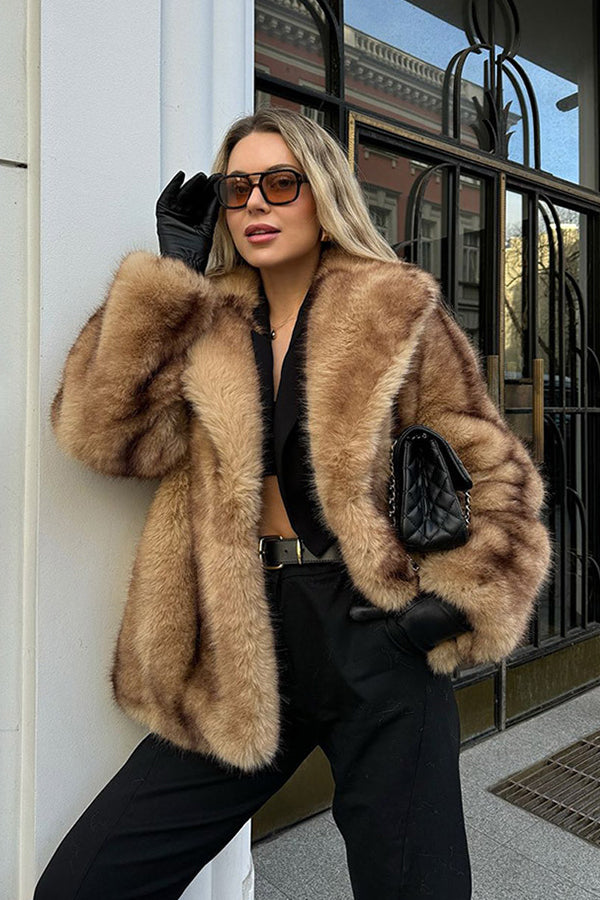 Brown Faux Fur Coat Lapel Collar Short Fluffy Jacket for Women