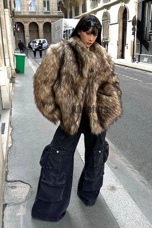 brown faux fur jacket winter fluffy oversized outerwear for women 1 Alicefurs