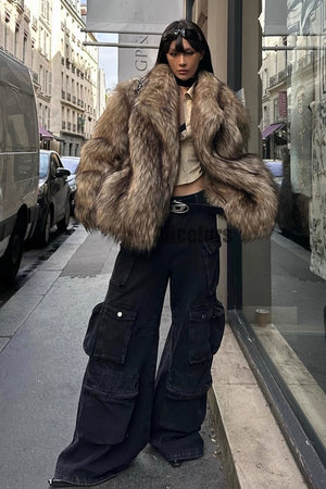 brown faux fur jacket winter fluffy oversized outerwear for women 4 Alicefurs