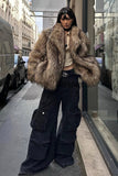 Brown Faux Fur Coat Winter Fluffy Oversized Outerwear for Women