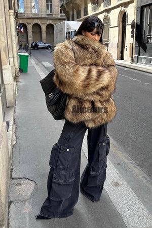 brown faux fur jacket winter fluffy oversized outerwear for women 8 Alicefurs