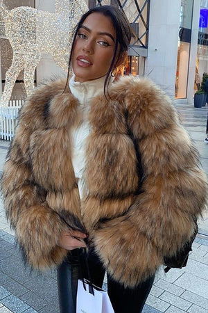 brown faux fur jacket winter puffy short coat for women 12 Alicefurs