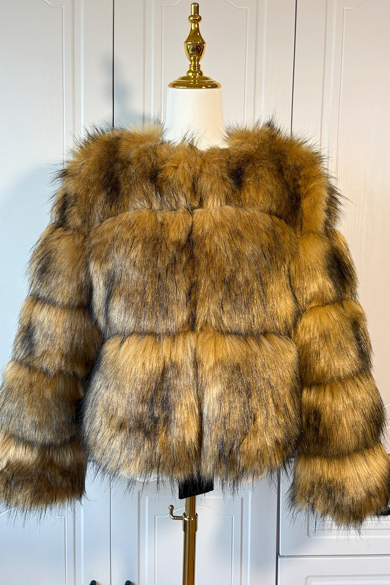 Brown Faux Fur Jacket Winter Puffy Short Coat for Women