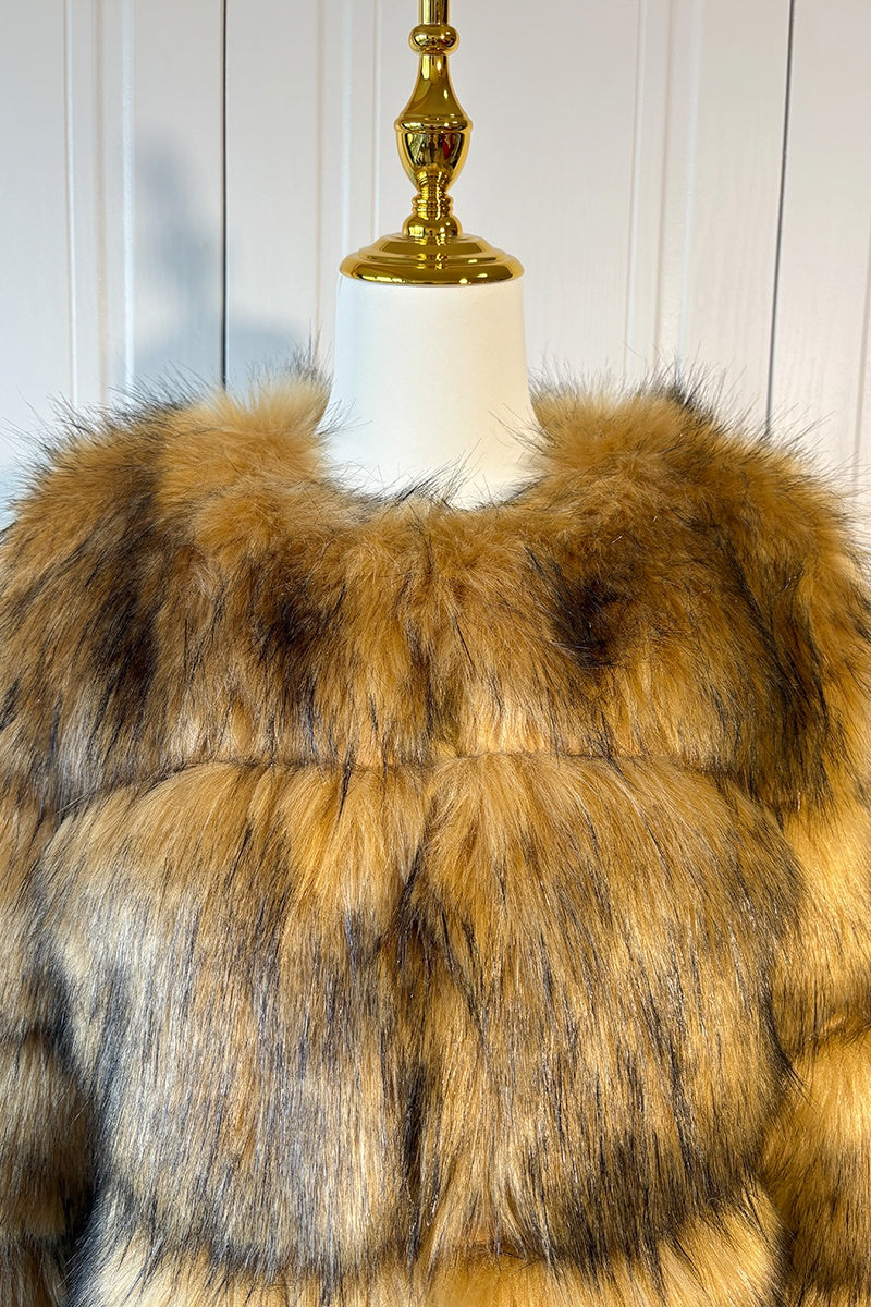 Manteau court bouffant d'hiver en fausse fourrure marron pour femme