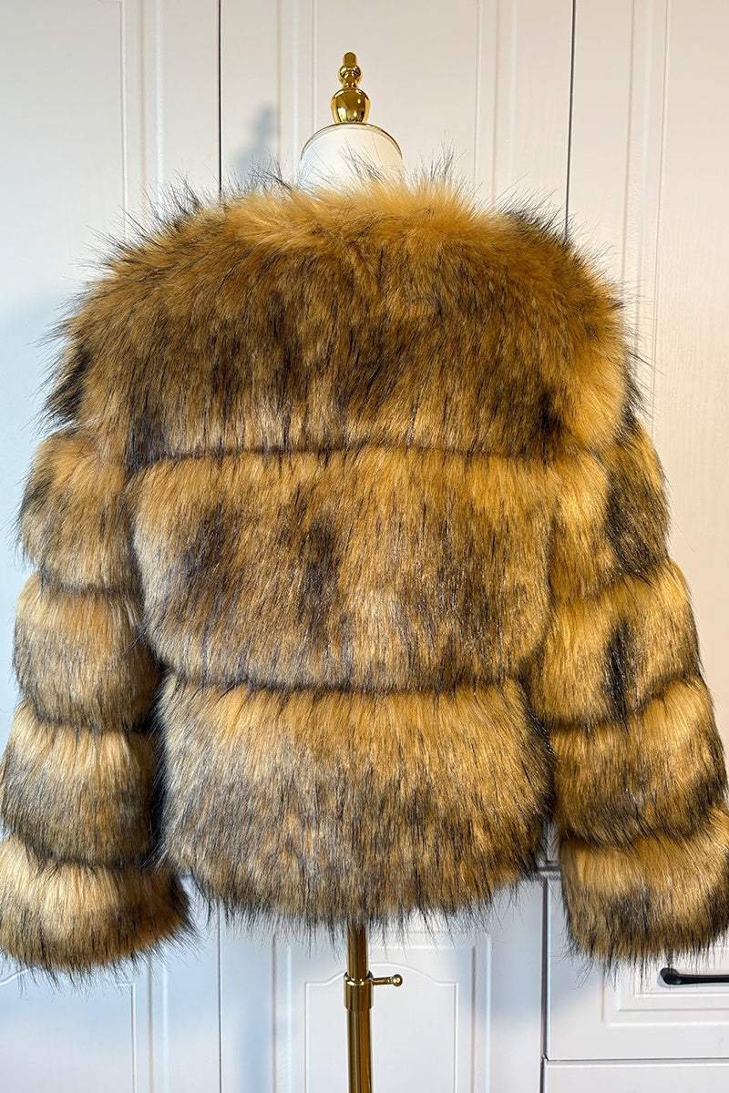 Manteau court bouffant d'hiver en fausse fourrure marron pour femme