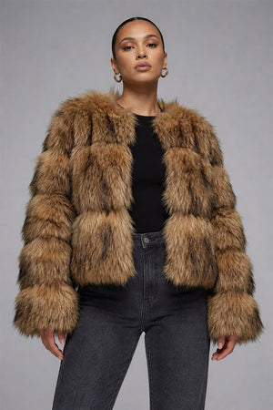 brown faux fur jacket winter puffy short coat for women 22 Alicefurs