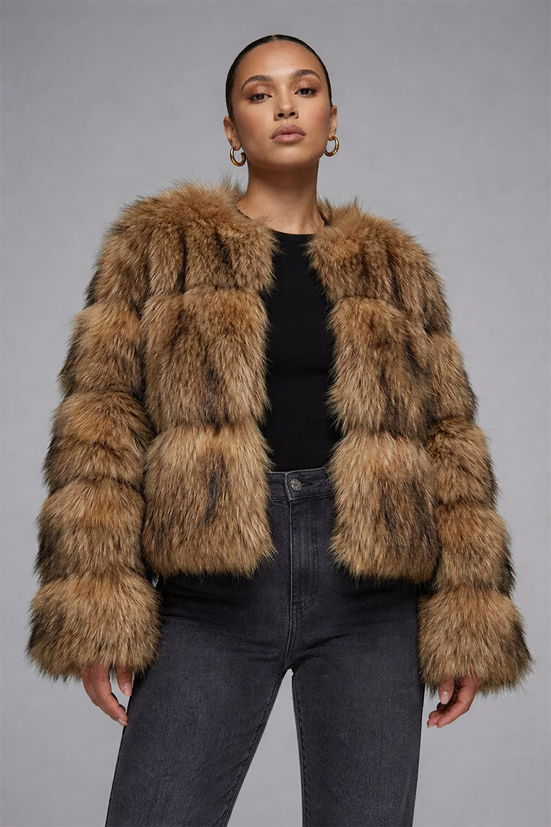 brown faux fur jacket winter puffy short coat for women 22 Alicefurs