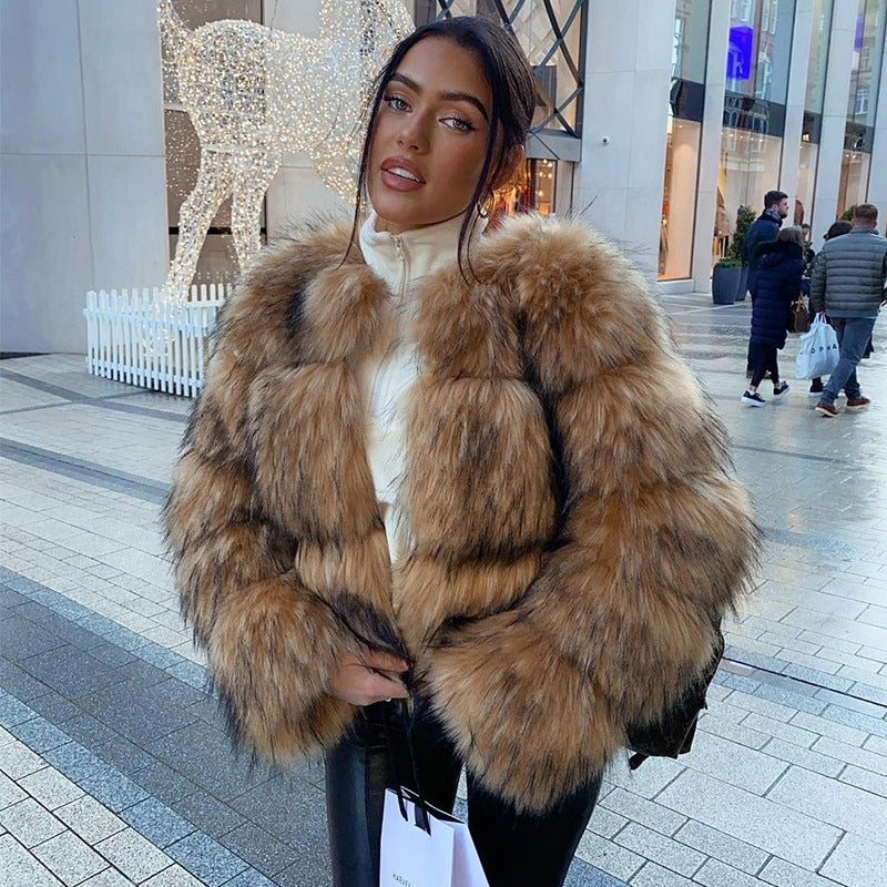 Brown Faux Fur Jacket Winter Puffy Short Coat for Women