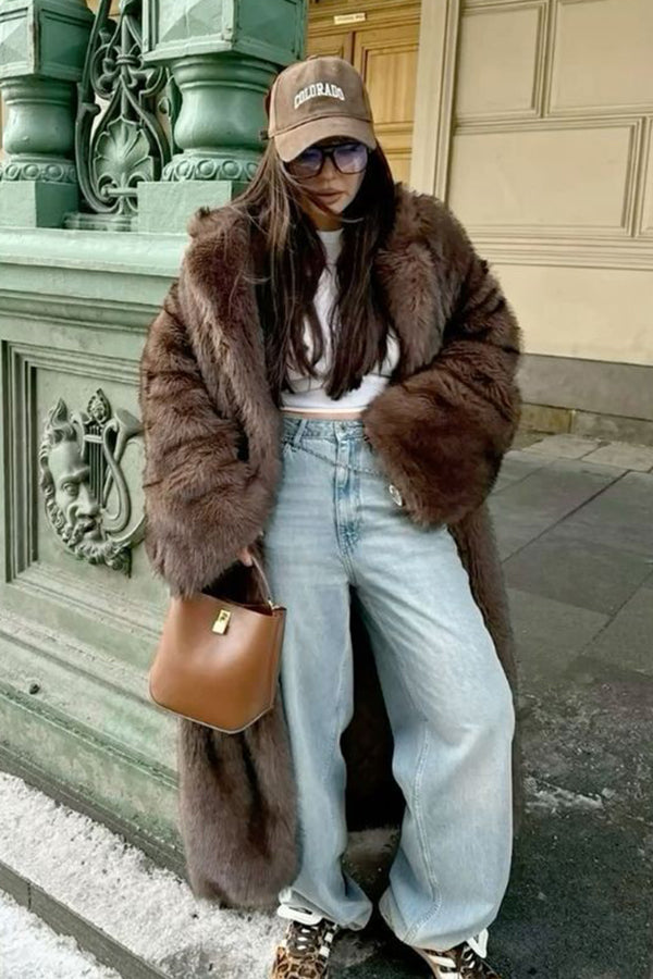 Chocolate Brown Faux Fur Coat Winter Long Fluffy Overcoat for Women