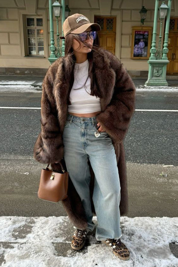 Chocolate Brown Faux Fur Coat Winter Long Fluffy Overcoat for Women