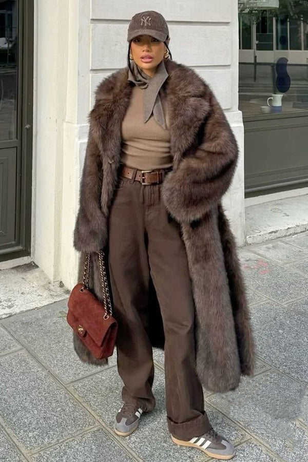 Chocolate Brown Faux Fur Coat Winter Long Fluffy Overcoat for Women