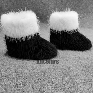 christmas faux fur boots flat santa colorblock ankle booties in black and white 2 Alicefurs