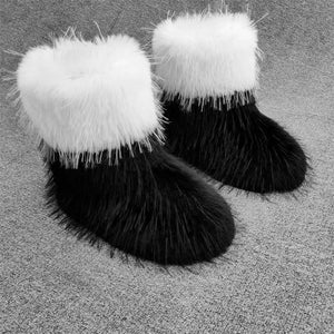 christmas faux fur boots flat santa colorblock ankle booties in black and white Alicefurs