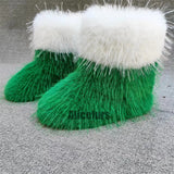 Christmas Faux Fur Boots Flat Santa Colorblock Ankle Booties