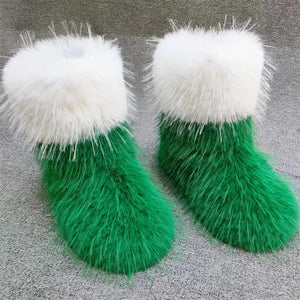 christmas faux fur boots flat santa colorblock ankle booties in green Alicefurs