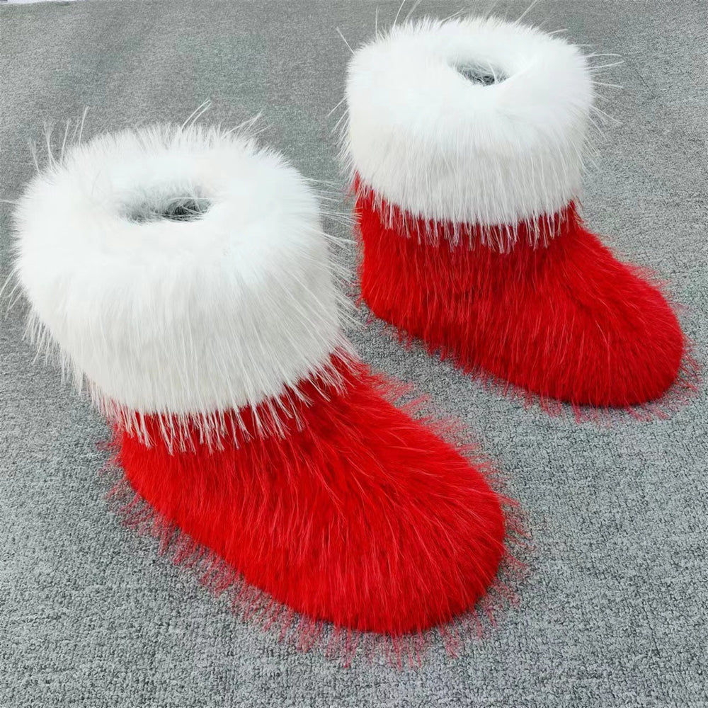 Christmas Faux Fur Boots Flat Santa Colorblock Ankle Booties