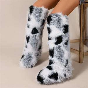 colorblock knee high fur boots for women in black and white 1 Alicefurs