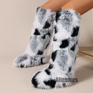 colorblock knee high fur boots for women in black and white 2 Alicefurs