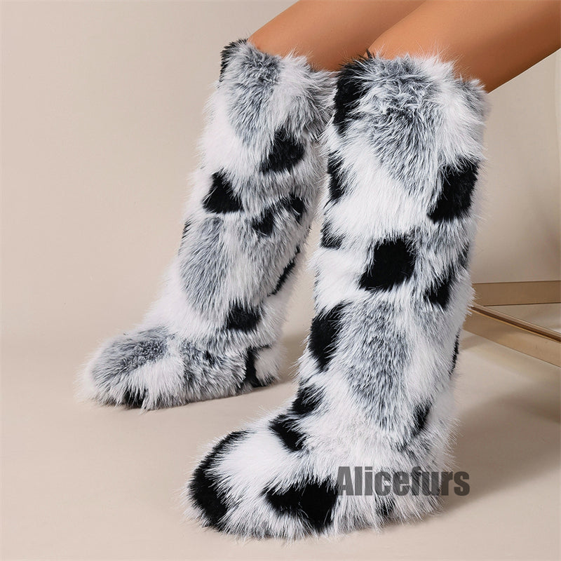 Bottes hautes en fourrure à blocs de couleurs pour femmes