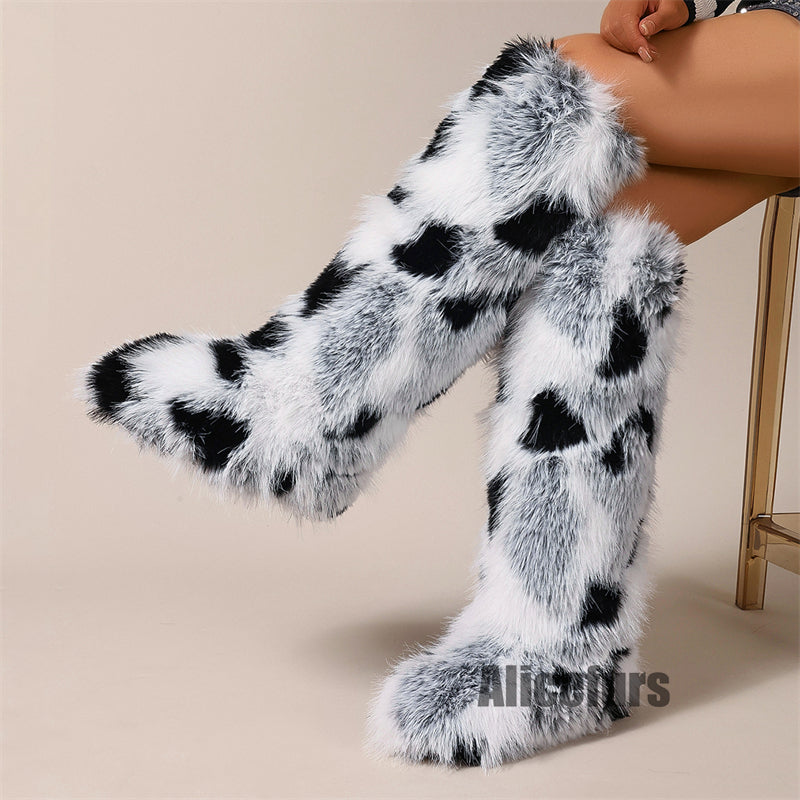 Bottes hautes en fourrure à blocs de couleurs pour femmes