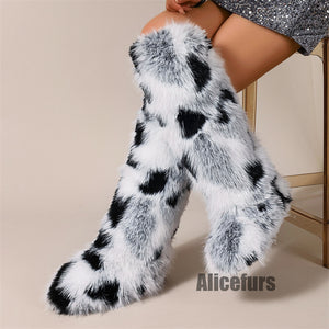 colorblock knee high fur boots for women in black and white 4 Alicefurs