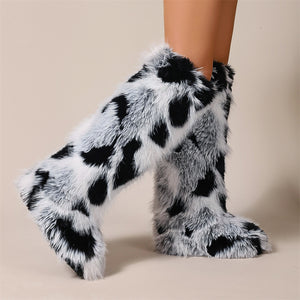 colorblock knee high fur boots for women in black and white Alicefurs