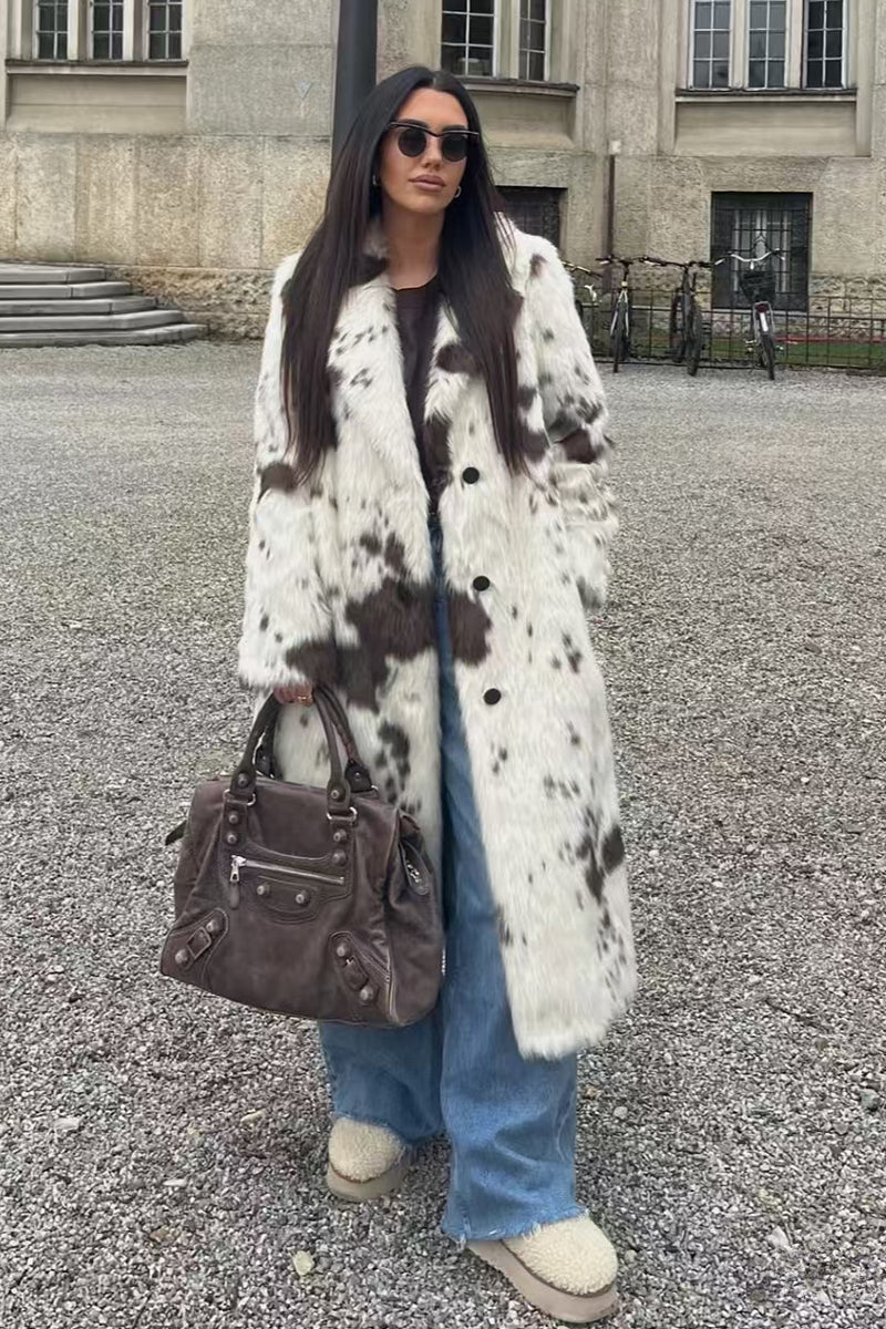 Cow Fur Coat Long Animal Print Fluffy Overcoat for Women
