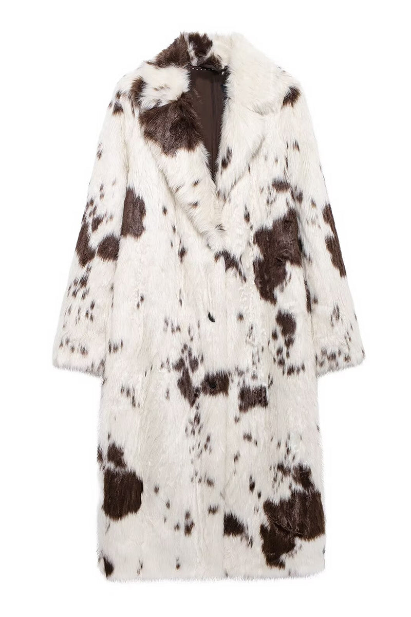 Cow Fur Coat Long Animal Print Fluffy Overcoat for Women