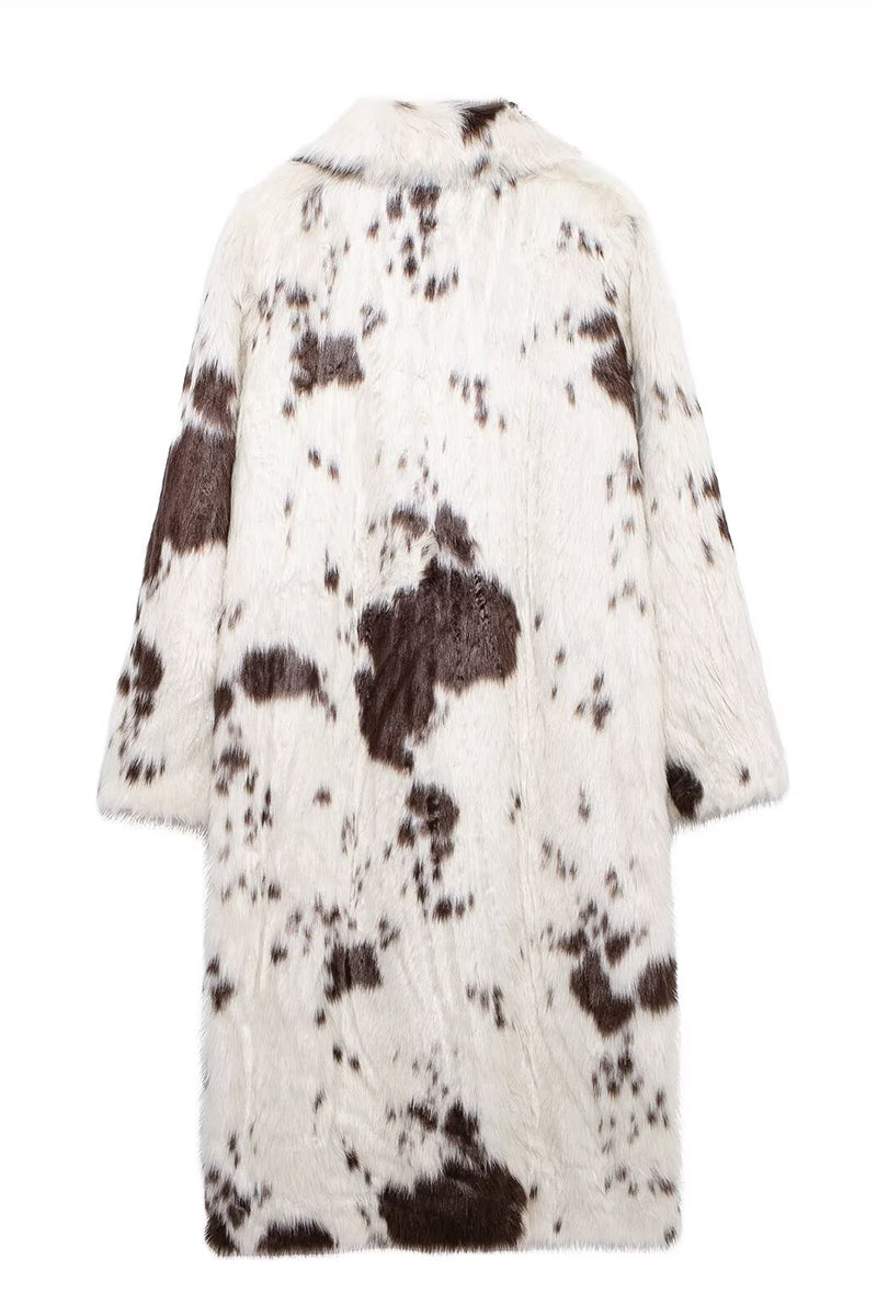 Cow Fur Coat Long Animal Print Fluffy Overcoat for Women