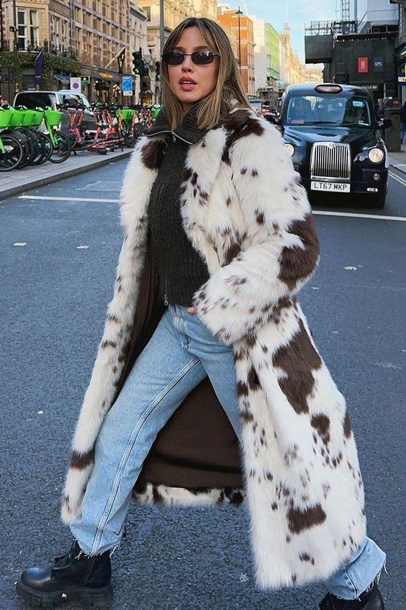 Cow Fur Coat Long Animal Print Fluffy Overcoat for Women