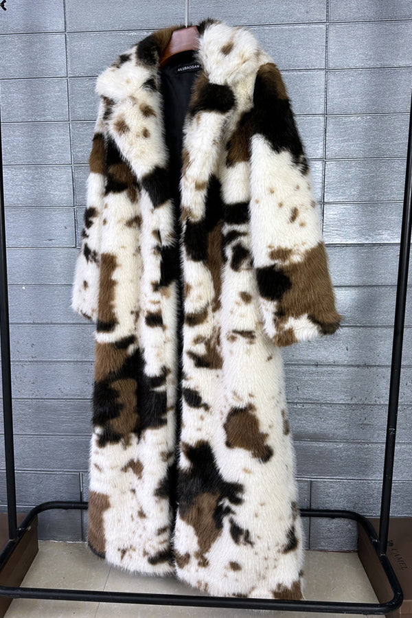 Cow Print Fur Coat Long Winter Fuzzy Overcoat for Women