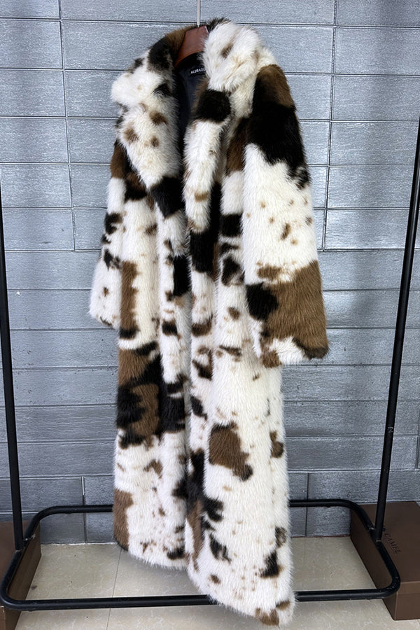 Cow Print Fur Coat Long Winter Fuzzy Overcoat for Women