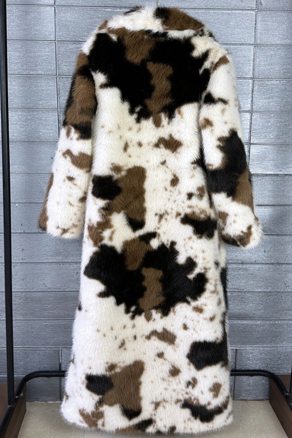 Cow Print Fur Coat Long Winter Fuzzy Overcoat for Women