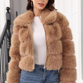 cropped faux fur coat womens zip up winter bubble jacket in brown Alicefurs