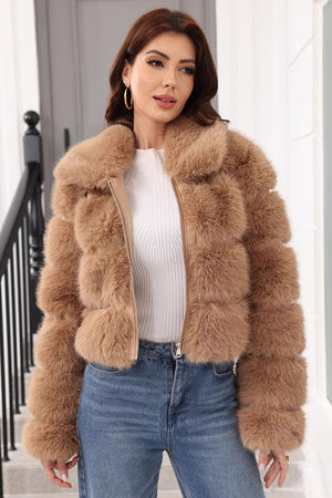 cropped faux fur coat womens zip up winter bubble jacket in brown Alicefurs
